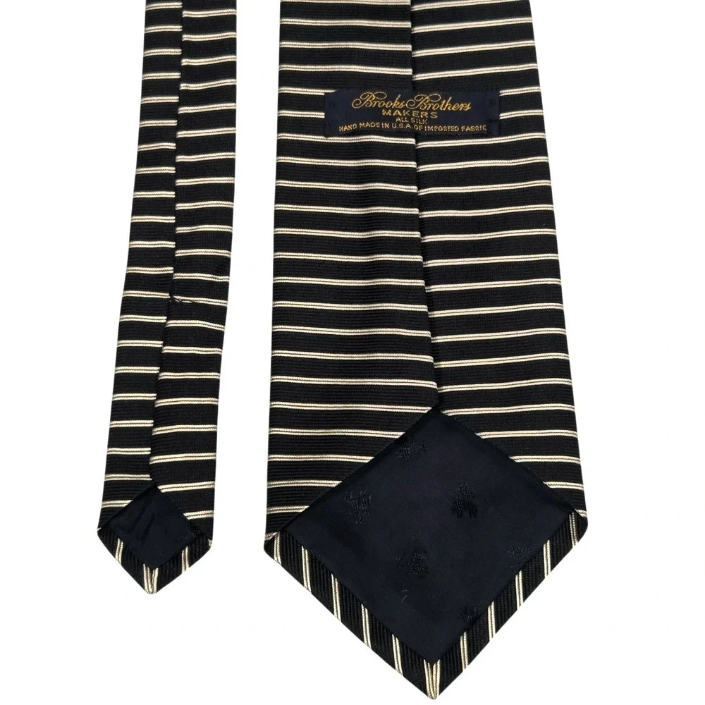 Vtg Brooks Brothers Makers Mens Silk Repp Tie Black‎ White Stripe Made in USA